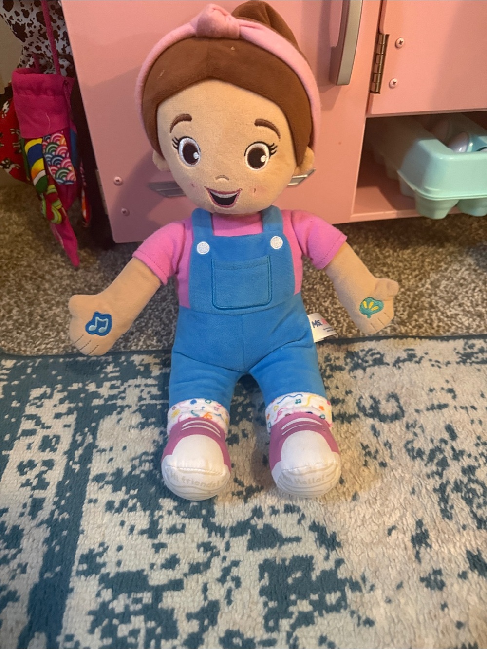 Plush Musical Doll in Pink and Blue Overalls